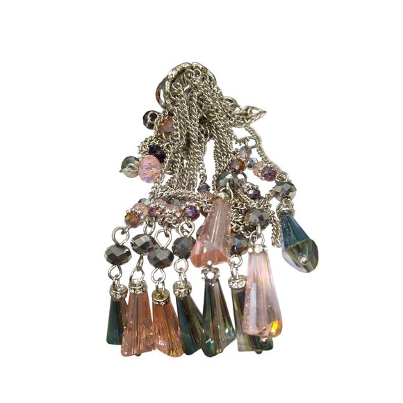 Crystal Chandelier Tassel Pendant Necklace, Soft Pink and Grey on Silver Tone - Picture 5 of 6